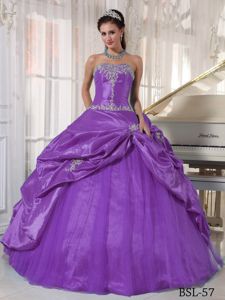 Purple Strapless Taffeta and Tulle Quinceanera Dress with Appliques
