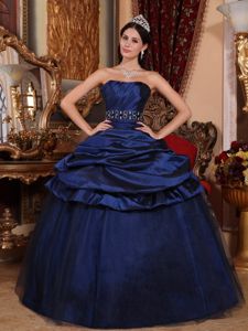 Navy Blue Floor-length Tulle and Taffeta Quinceanera Dress with Beading in Everett