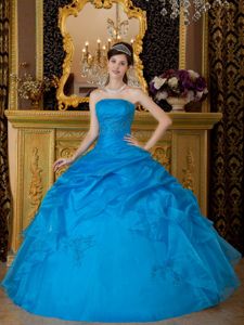 Blue Strapless Organza Quinceanera Dresses with Appliques in Waukesha WI