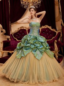Olive Green Strapless Taffeta and Tulle Beaded Quinceanera Dress in Redmond
