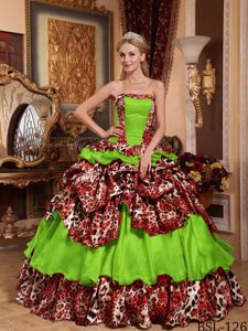 Strapless Taffeta Leopard Spring Green Quinceanera Dress with Pick-ups