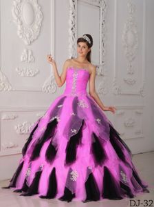 Strapless Organza Appliqued Quinceanera Gown Dress in Hot Pink and Black