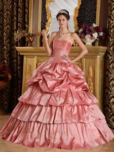 Strapless Floor-length Taffeta Beaded Quinceanera Gown in Watermelon Red in Moab