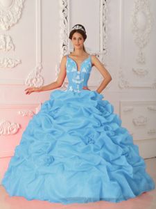 Baby Blue Floor-length Satin and Organza Quince Dress with Appliques in Arlington