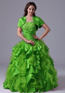 Green Beaded Strapless Floor-length Dresses For Quinceanera with Ruffles