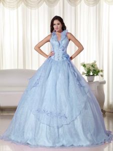 Light Blue Ruffled Halter Long Quince Dresses with Embroidery and Flower