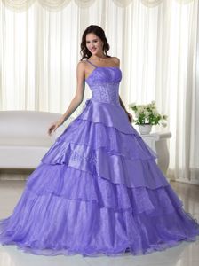 Purple One Shoulder Full-length Quinces Dresses with Beading and Layers