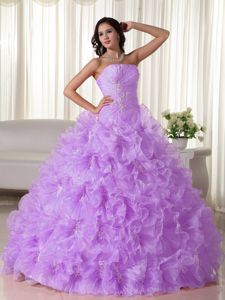 Lavender Ruched Strapless Long Quince Dress with Appliques and Ruffles