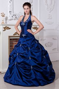 Navy Blue Halter Long Quinceanera Dresses with Pick-ups and Embroidery
