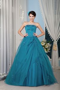 Hot Sale Teal Strapless Floor-length Dresses For Quinceanera with Beading