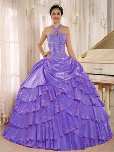 Purple Beaded Halter Pleated Full-length Dress For Quinceanera in Trenton
