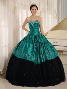 Sweetheart Black and Turquoise Long Quinceaneras Dress with Embroidery