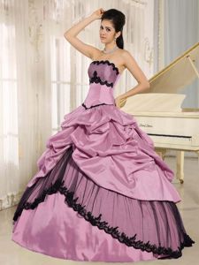 Rose Pink and Black Floor-length Quinceanera Gown with Pick-ups in Cary