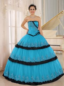 Luxurious Strapless Aqua Blue Long Sweet 15 Dress with Flowers in Utica