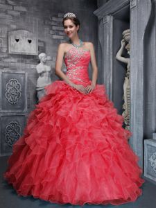 New Sweetheart Red Full-length Quince Dresses with Ruffles and Beading