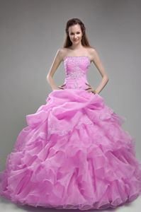 Strapless Rose Pink Long Quinceaneras Dress with Ruffles and Embroidery