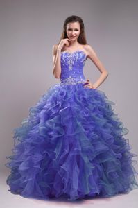 Cute Blue Appliqued Sweetheart Long Dress For Quinceanera with Ruffles