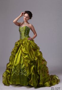 Olive Green Sweep Quince Dresses with Pick-ups and Embroidery in Bend