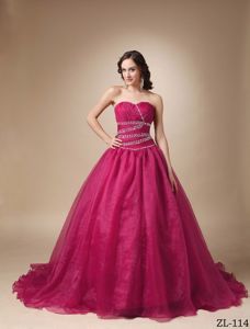 Sweetheart Dark Red Chapel Train Quince Dresses with Beading in Boise