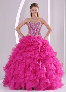 Hot Pink Sweetheart Long Sweet Sixteen Dresses with Ruffles and Beading