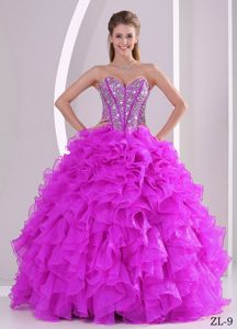 Sexy Fuchsia Beaded Sweetheart Long Dress For Quinceanera with Ruffles
