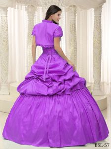 Unique Purple Beaded Sweetheart Full-length Quince Dresses with Pick-ups