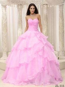 Pretty Sweetheart Rose Pink Long Quinces Dress with Flowers and Layers