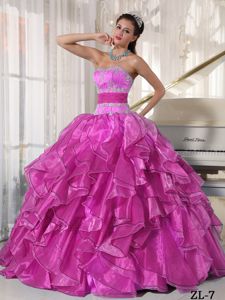 Strapless Fuchsia Long Quinceanera Gown Dress with Applique and Ruffles