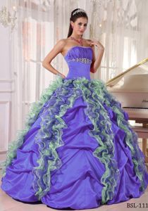 Strapless Purple and Green Floor-length Quince Dresses with Ruffles in Troy