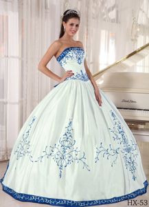 White and Blue Strapless Floor-length Quinceanera Gowns with Embroidery