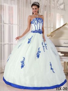 Strapless White Full-length Sweet Sixteen Dress with Blue Appliques in Utica