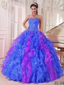 Blue and Purple Beaded Sweetheart Long Quince Dress with Ruffles in Lisle