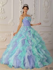 Multi-color Strapless Floor-length Quinces Dresses with Ruffles and Flowers