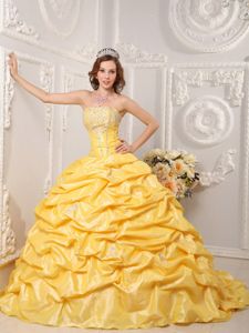 Pretty Yellow Strapless Court Quinceanera Dresses with Pick-ups and Beading