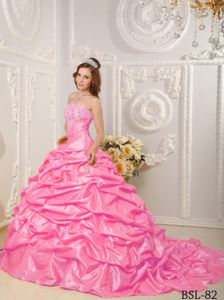 Rose Pink Appliqued Strapless Court Train Quinces Dresses with Pick-ups