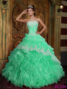 Strapless Apple Green Long Quinceanera Gown with Appliques and Ruffles