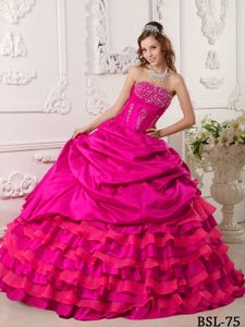 Hot Pink Beaded Strapless Full-length Sweet Sixteen Dresses with Pick-ups