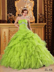 Cute Yellow Green Ruched Strapless Long Quinceanera Gown with Ruffles