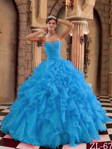 Aqua Blue Beaded Sweetheart Floor-length Quinceanera Gown with Ruffles