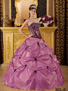 Rose Pink Strapless Quinces Dresses with Embroidery and Pick-ups in Lisle