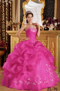 Strapless Hot Pink Full-length Quince Dress with Pick-ups and Embroidery