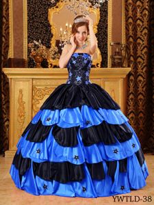 Black and Blue Appliqued Strapless Full-length Quinces Dresses in Evanston