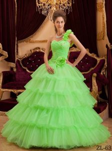 Spring Green A-line One Shoulder Quinceanera Dress with Ruffles and Beading