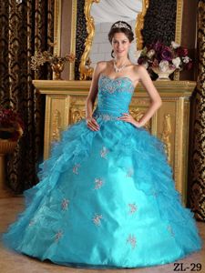 Aqua Blue Sweetheart Ruffles and Appliques Organza Quinceanera Gown Dresses