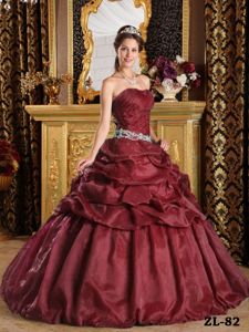 Wine Red Strapless Taffeta Quinceanera Dress with Pick-ups and Appliques