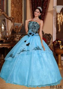 Blue Strapless Organza Embroidery and Hand Made Flowers Quinceanera Dress