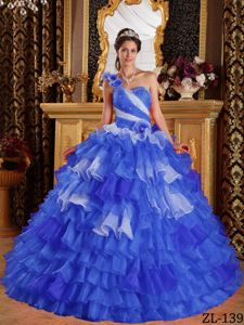 Blue One Shoulder Organza Ruffles and Beading Quinceanera Dress in Garden City