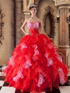 Ball Gown Strapless Organza Beading and Ruffles Quinceanera Dress in Red