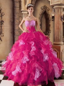Hot Pink Strapless Organza Beading and Ruffles Quinceanera Dress in Flushing