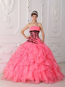 Sweet Strapless Appliques and Ruffles Coral Red Quinceanera Dress in Brooklyn